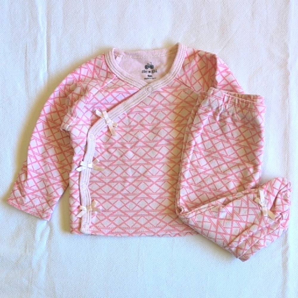asher & olivia pink kimono style top & footed pants layette matching set 6 month